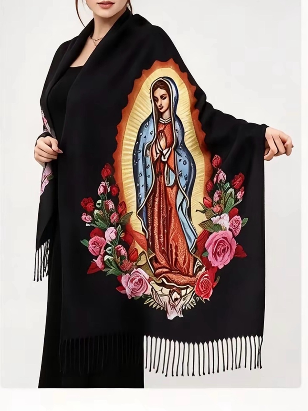 NWOT- Black Floral Virgin Mary Shawl Scarf.